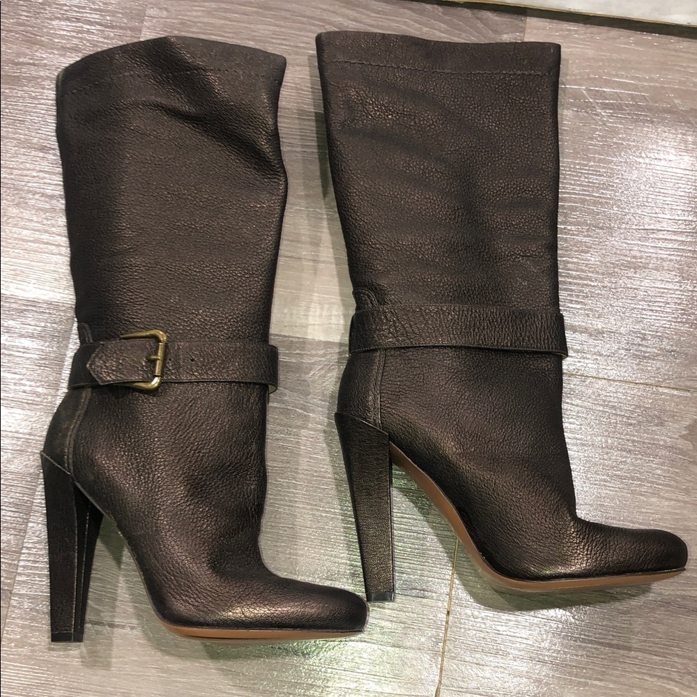 Joan David Pewter Pull on Buckle Chic Heeled Leather Boots NWOB New